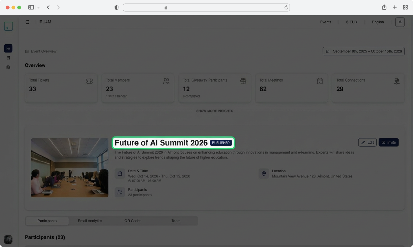 Find your event in the list and click on the event name to open it