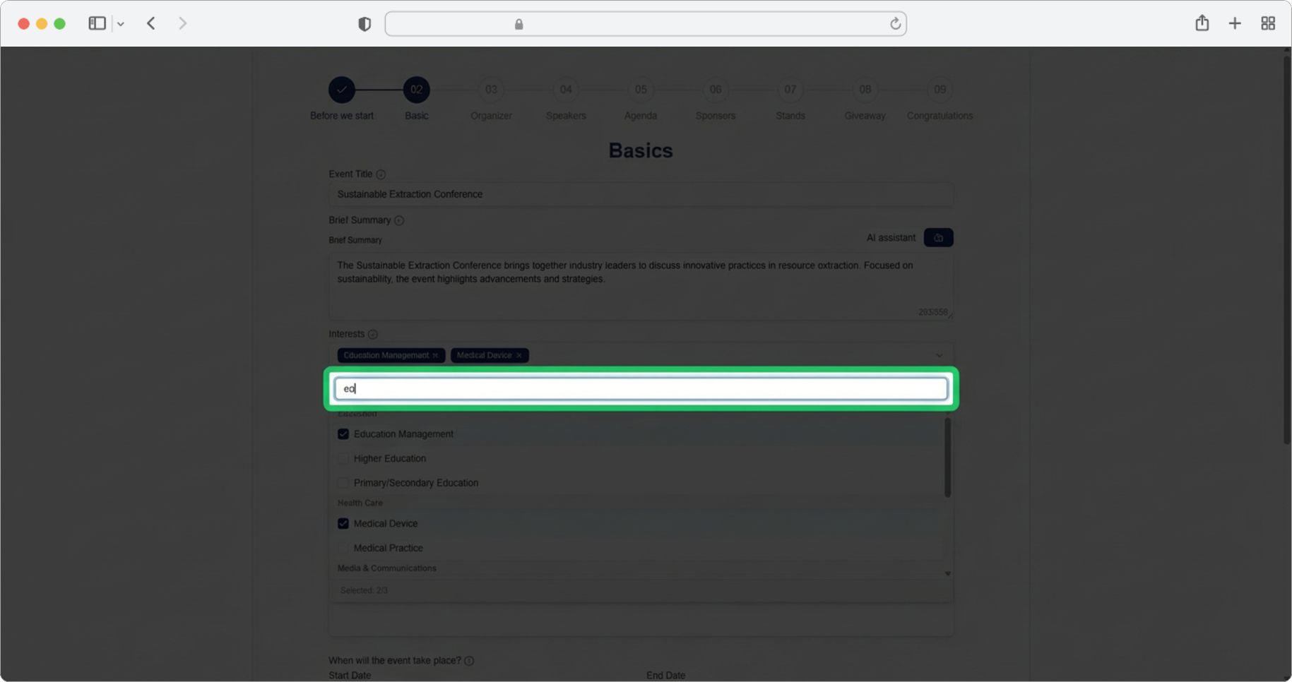 Click the "Interests" search field and select up to 3 interest areas for your event