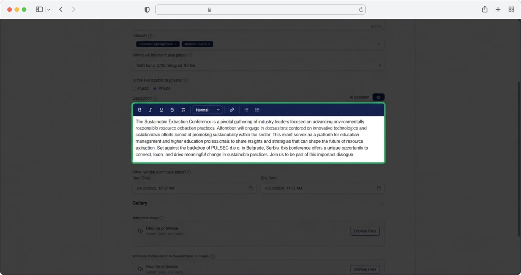 Click on the "Description" field and enter a detailed event description, or use the AI assistant