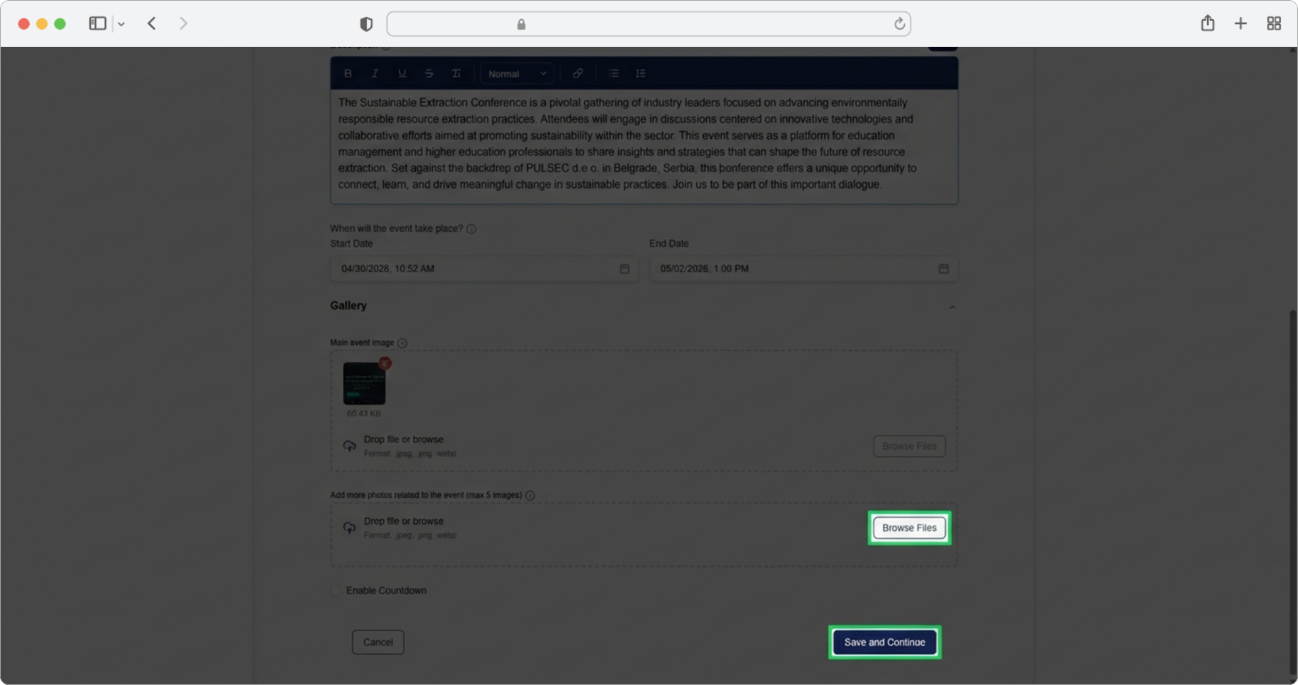 Optionally add more event photos, then click "Save and Continue"